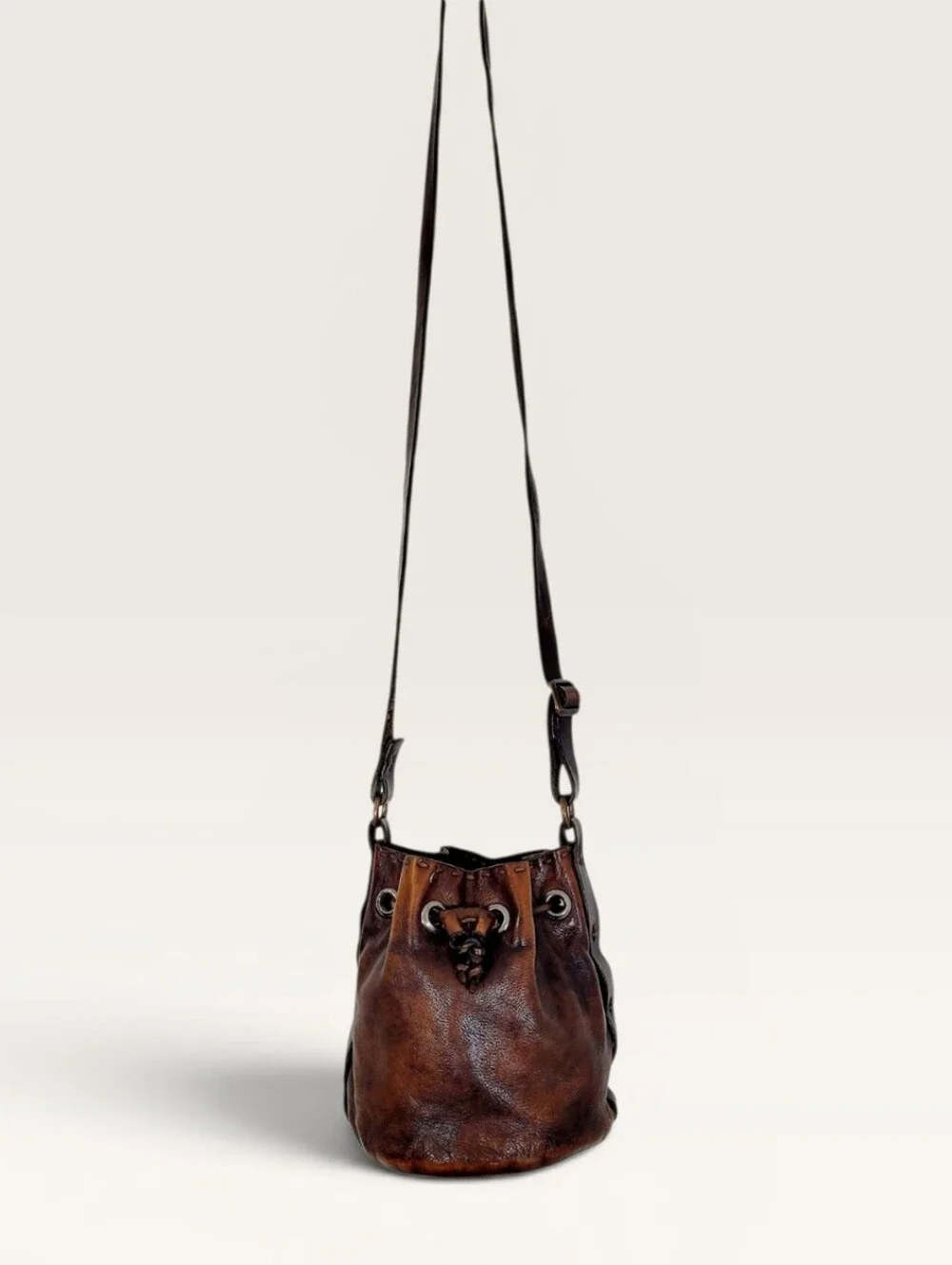 Campomaggi Italian Distressed Cognac Leather Cinch Top Mini Bucket Bag